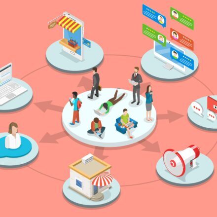 Omnichannel flat isometric vector concept.