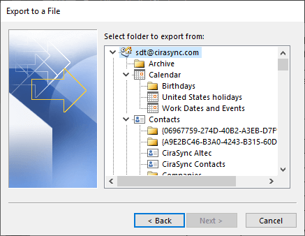 Browse to the folder consisting of contacts you want to export