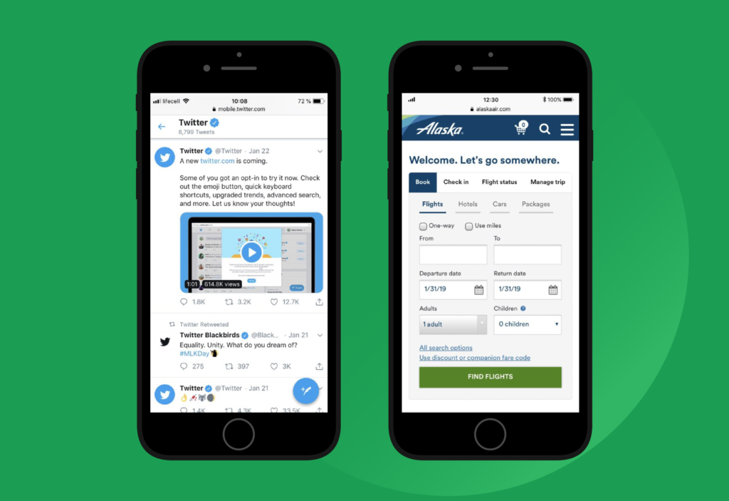 Famous progressive web app samples: Twitter and Alaska Airlines