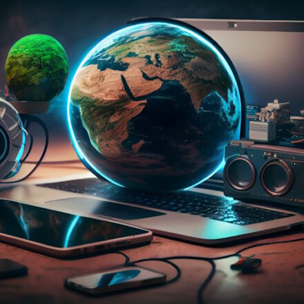 Laptop with planet earth and media icons.generative ai